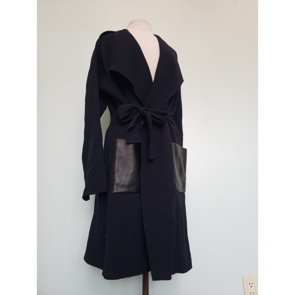Apostrophe Womens‎ 42 L 100% Wool Coat Belted Lambskin Leather Pockets Dark Navy - Picture 3 of 13